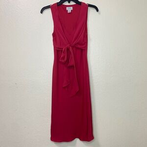Ann Taylor LOFT Red 100% Silk Sleeveless V Neck Tie Waist Midi Dress Size 6